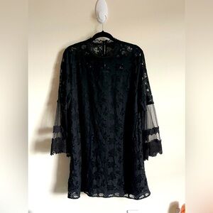Entero Black Short Shift Bell Sleeve Whimsigoth Lace Dress Sz L EUC